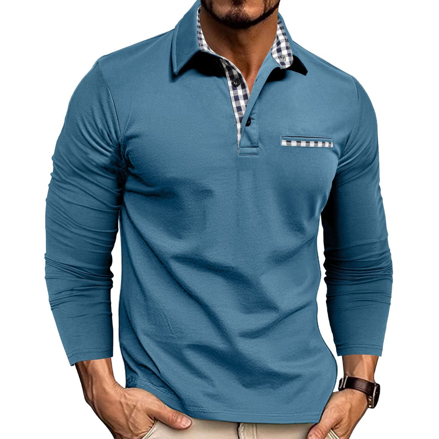 Stijlvolle Design Casual Geruite Splicing Revers Poloshirt in Effen Kleur Lange Mouwen voor Heren