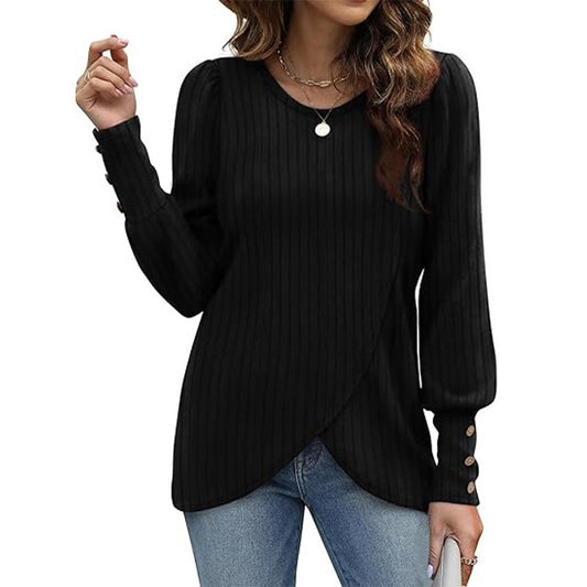 Amerikaanse Trendy Elegante Effen Kleur Licht Gebreide Gekruiste Shirt met Ronde Hals en Lange Mouwen voor Dames