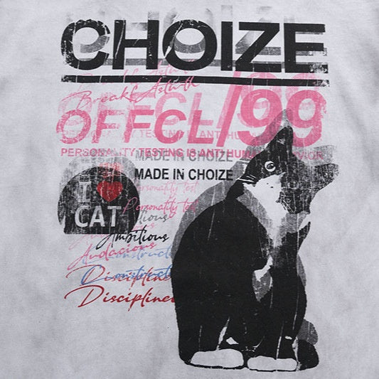 Trendy Stijlvolle Effen Kleur Oversized Casuall Vintage Washed Ronde Hals T-shirt met Cartoon Kattenprint en Korte Mouwen voor Heren