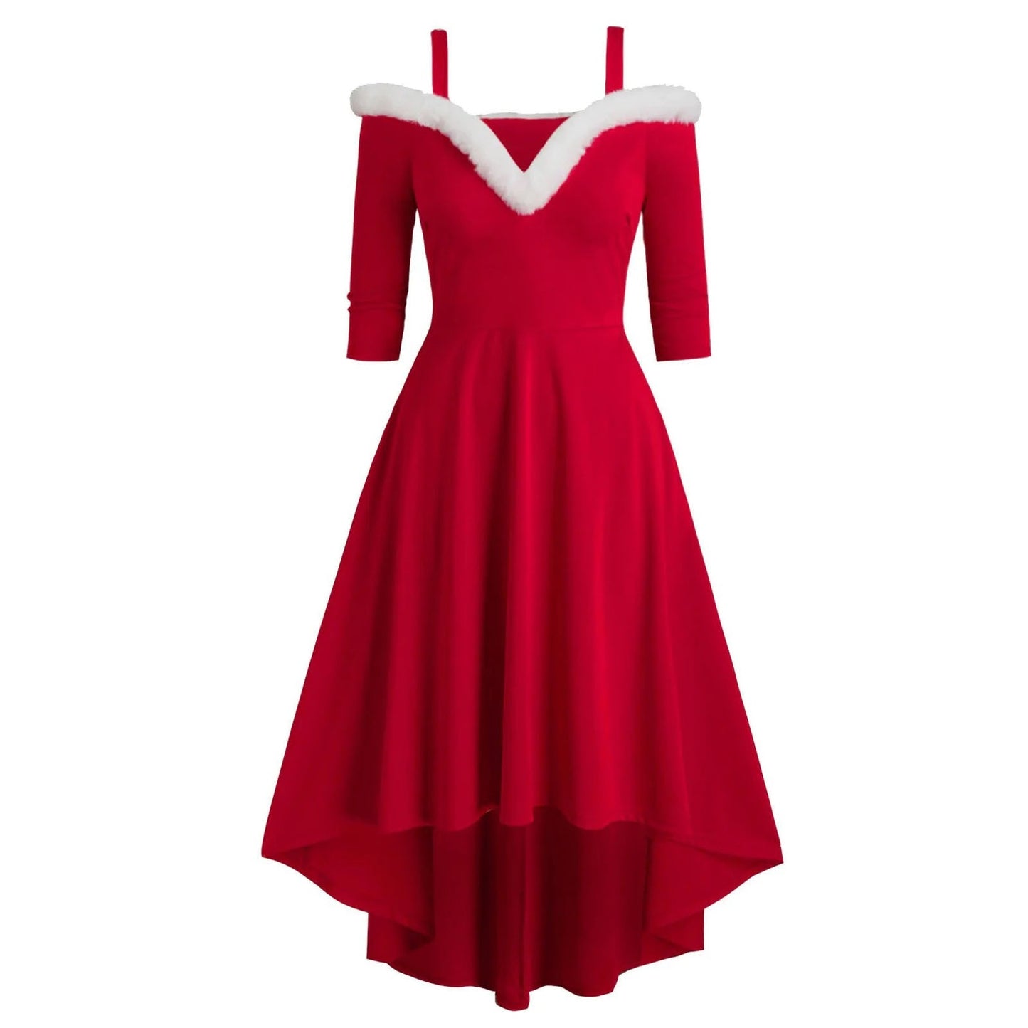 Kerstmis Elegante Artistieke Retro V-hals Kerstjurk met Imitatie Bont Patchwork en Lange Mouwen voor Dames & Plus-size