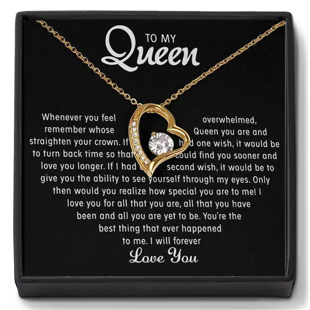 Stijlvolle Modieuze Roestvrijstalen "TO MY QUEEN" Halsketting en een Uitgeholde Hartvormige Hanger met Zirkoon en Strass-steentjes voor Dames