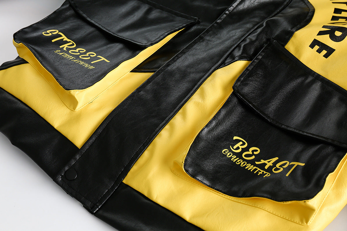 Amerikaanse Street Style Jacket van PU-Leer met Patchwork en Lettersprint Dames & Plus-size