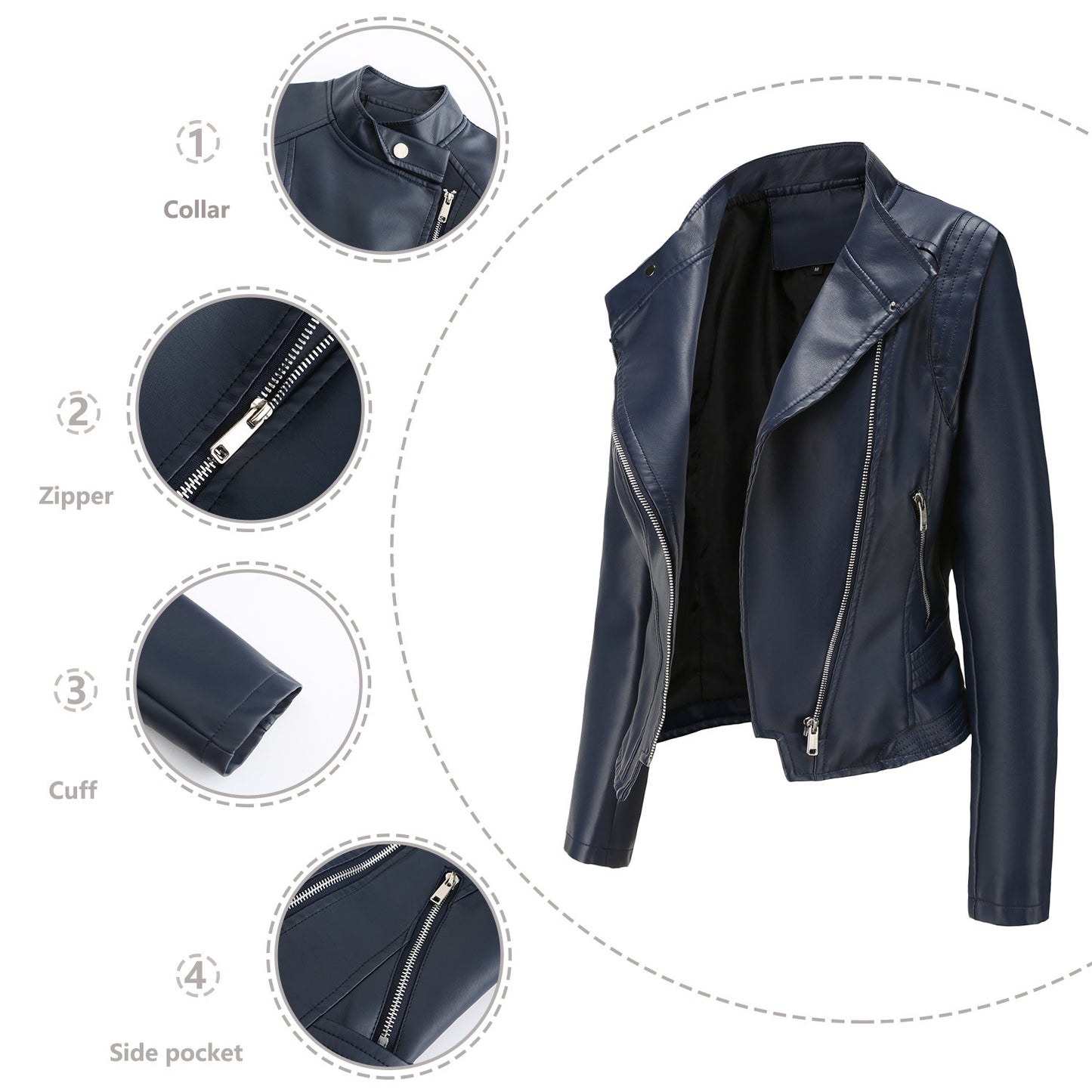 Casual Korte Slim-Fit Revers Motorjacket van PU-Leer met Ritssluiting voor Dames & Plus-size