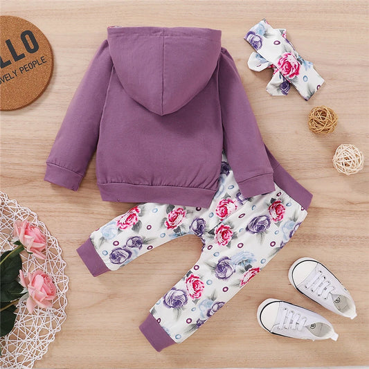3-delige Outfit Hoofdband Letterprint Hoodie met Bloemenprint & Bloemenprint Broek voor Baby's / Peuters
