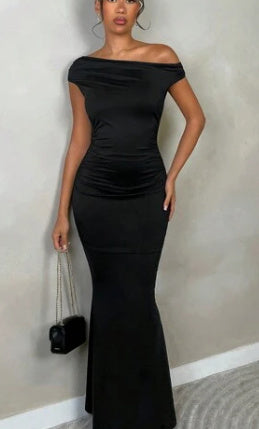 Elegante Feest/Avond Schuine Schouder/ Een Schouder/ Off-Shoulder Voorkant Geplooide Slanke Langejurk voor Dames & Plus-size