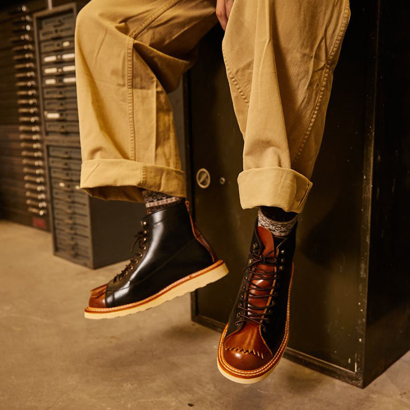 Amerikaanse Uniek Stijl Casual Retro Tweekleurige Laarzen van Echt Leer met Vetersluiting en Ronde Neus voor Heren