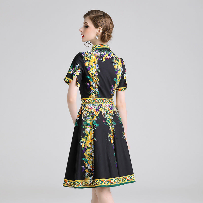 Europese Avond/Business Franse Vintage Bloemenprint Jurk met Korte Mouwen en Polokraag voor Dames & Plus-size