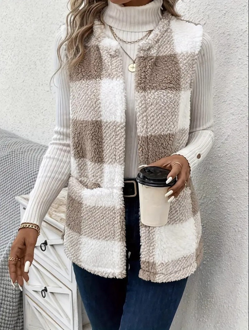 Casual Mouwloze Oversized Fleece Geruite Openvest met Zakken voor Dames & Plus-size