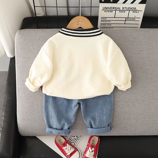 2-delige Kinderoutfit Sweatshirt met Bedrukte Cartoon & Jeans voor Peuters/ Kinderen