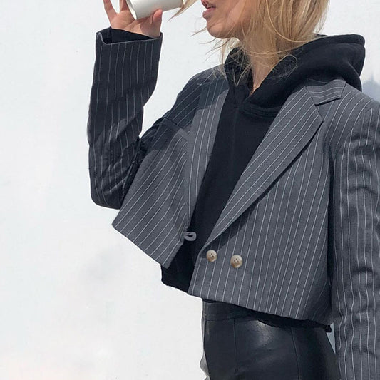 Street Style Grijs Gestreepte Cropped Blazer met V-hals en Veters voor Dames