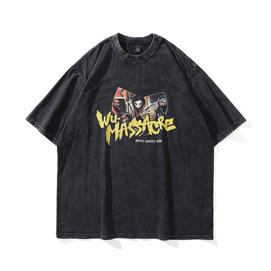 Hip-Hop Stijl Klassieke Effen Kleur Oversized Casual Vintage Washed Ronde Hals T-shirt met Cartoonprint en Korte Mouwen voor heren