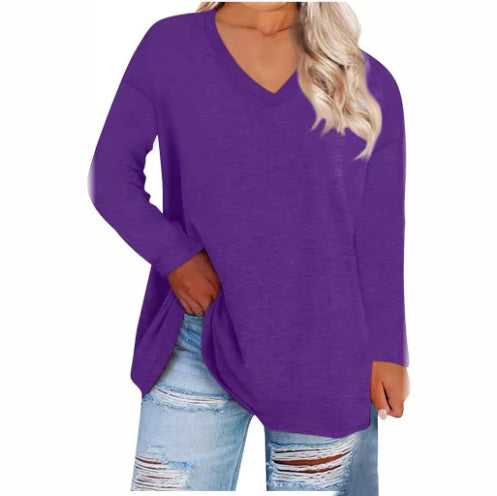 Casual V-hals Effen kleur Oversized Lange Mouw Shirt voor Dames & Plus-size
