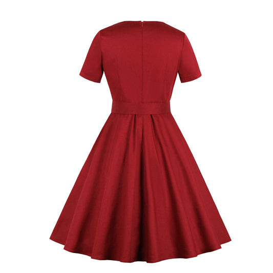 Hepburn Style Vintage Effen Kleur Jurk met Korte Mouwen en Rode Riem voor Dames & Plus-size