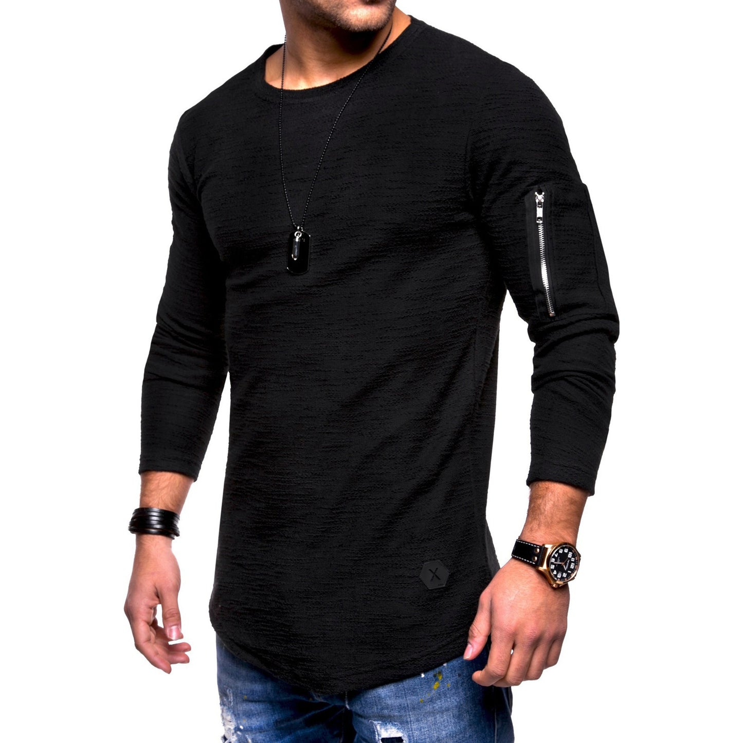 Amerikaanse Casual Effen Kleur Slim-Fit Longsleeve T-shirt met Ronde Hals en Ritsvak voor Heren