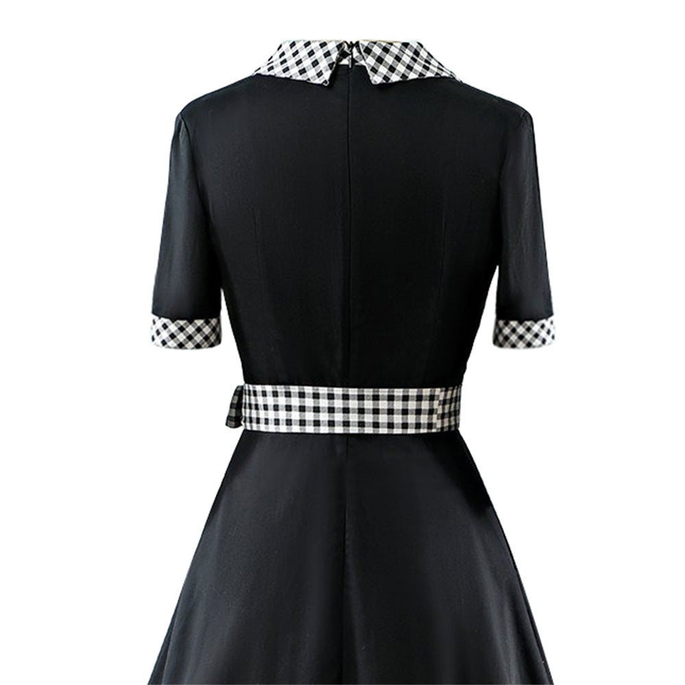 Hepburn Style Britse Retro Geruite Jurk met Polokraag en Korte Mouwen voor Dames & Plus-size