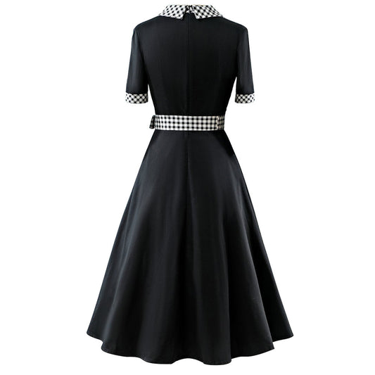Hepburn Style Britse Retro Geruite Jurk met Polokraag en Korte Mouwen voor Dames & Plus-size