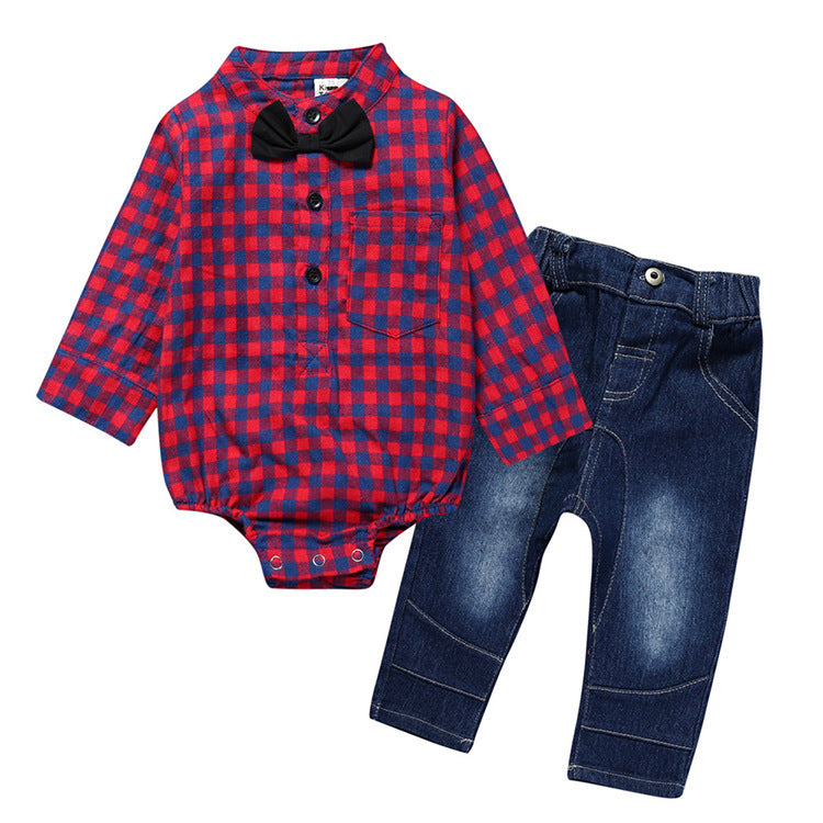 Baby Outfit Geruiten Rompertje met Strik & Jeans voor Jongens