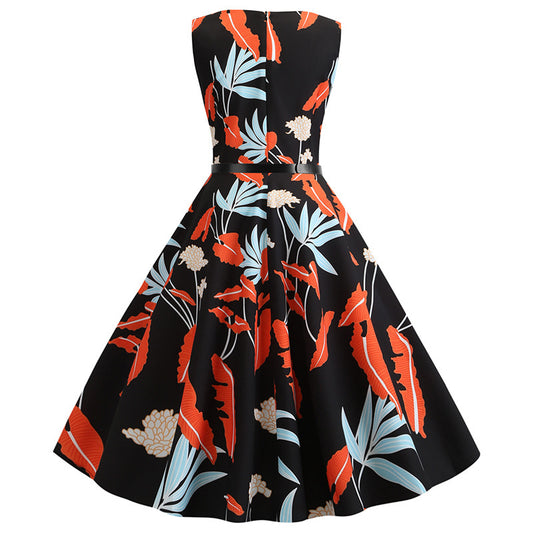 Hepburn Style Retro Afslankende-Taille Jurk met Ronde Hals en Bloemenpatroon voor Dames & Plus-size