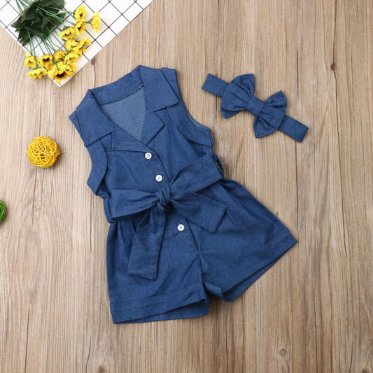 Europa en Amerika Stijl Baby Meisjeskleding Mouwloos Romper-Jumpsuit Denim & Haarband