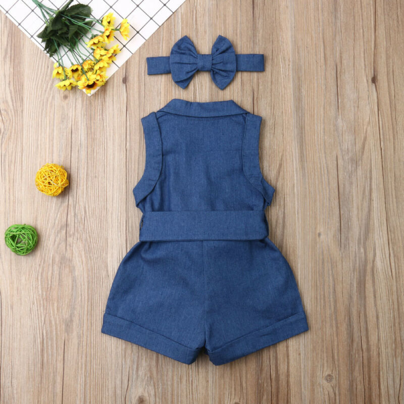 Europa en Amerika Stijl Baby Meisjeskleding Mouwloos Romper-Jumpsuit Denim & Haarband