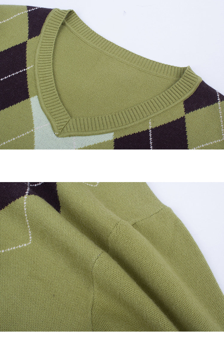 American Street Vintage Groene V-hals Diamant Trui voor Dames & Meiden