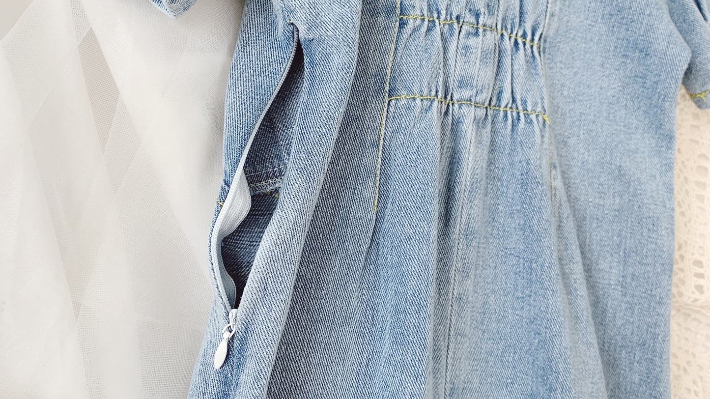 Demin Vierkante Kraag Meisjesjurken