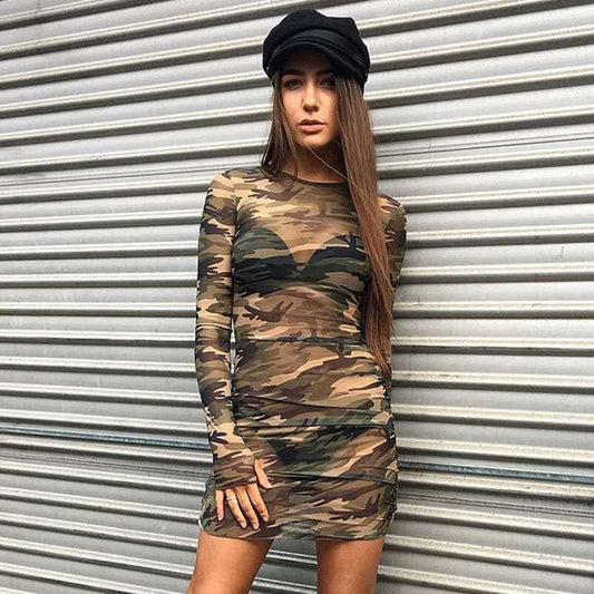 Mesh Camouflage Strakke Doorzichtige Heupjurk