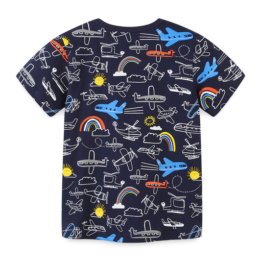 Stijlvolle Casual Effen Kleur Katoenen Rond Hals T-shirt met All-Over Bedrukte Cartoonprint voor Kinderen