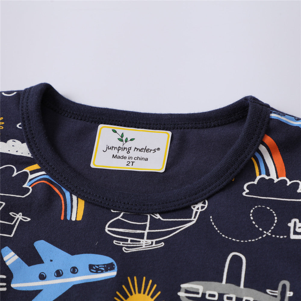 Stijlvolle Casual Effen Kleur Katoenen Rond Hals T-shirt met All-Over Bedrukte Cartoonprint voor Kinderen
