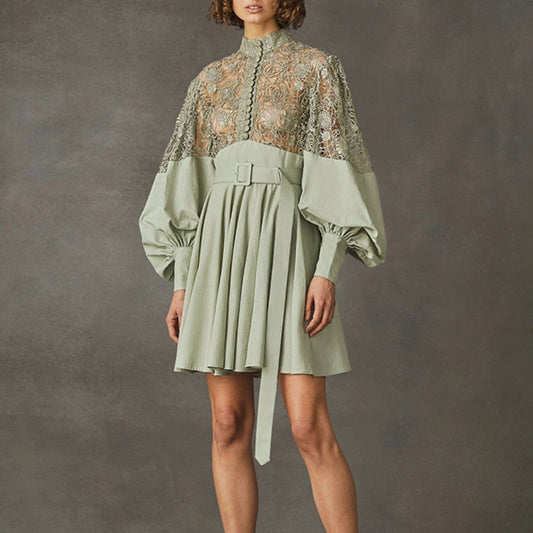 Designer Elegante Jurk met Kant en Pofmouwen voor Dames/ Tieners