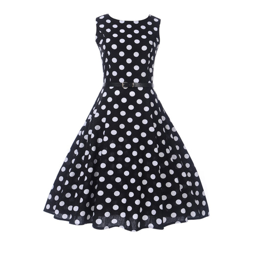 Hepburn Style Retro Polka Dot Swingjurk met Ronde Hals en Riem voor Dames & Plus-size