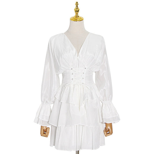 Europese en Amerikaanse Fashion Elegante Diepe V-Hals Taille Afslankende Jurk in Effenkleur voor Tieners/ Dames & Plus Size