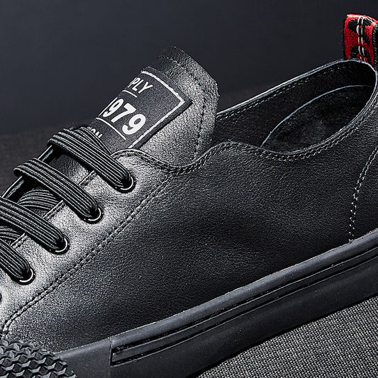 Europese en Amerikaanse Trendy Ademend Effen Kleur Lage Sneakers van Echt Leer met Ronde Neus en Vetersluiting voor Heren