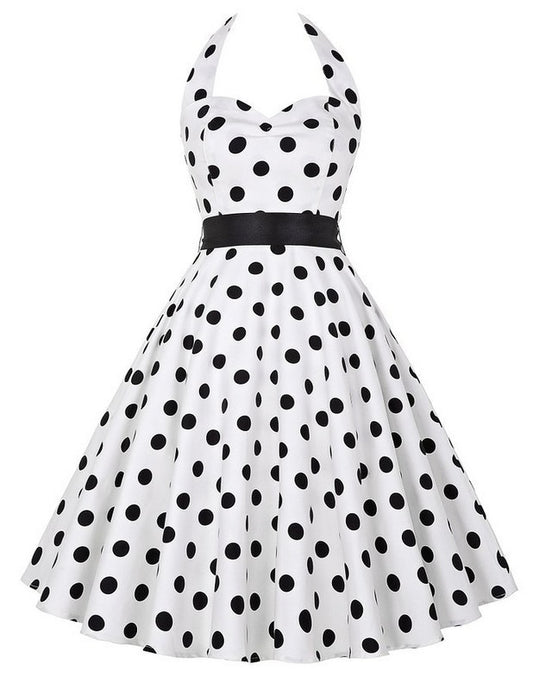 Hepburn Style Retro Effen Kleur Halterjurk van Chiffon met Stippenprint voor Dames & Plus-size
