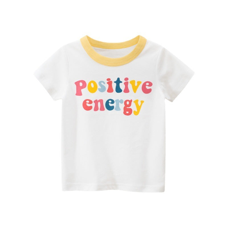 Trendy Effen Kleur Korte Mouw T-shirt met Bedrukte Letters-Cartoonprint en Geel Ronde Hals voor Kinderen