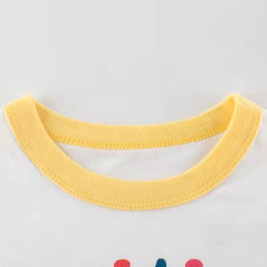 Trendy Effen Kleur Korte Mouw T-shirt met Bedrukte Letters-Cartoonprint en Geel Ronde Hals voor Kinderen