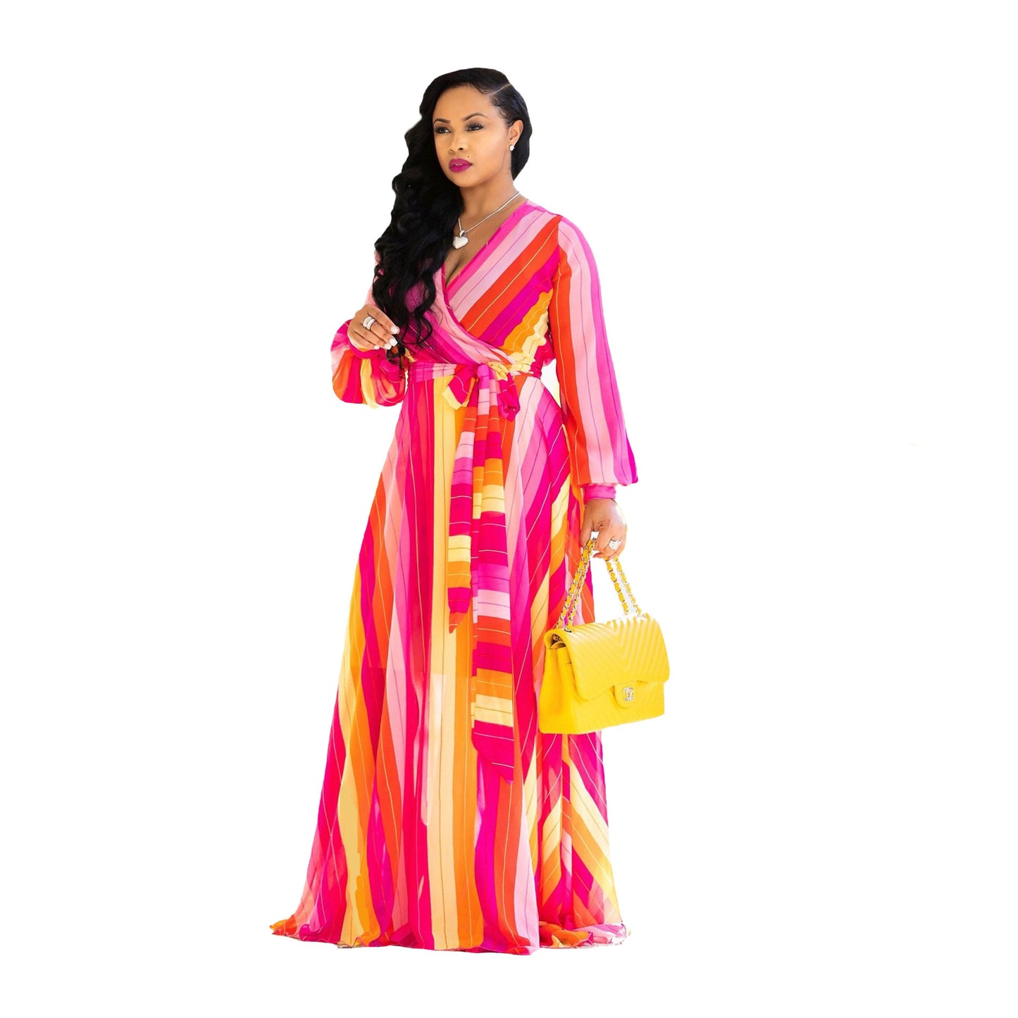 Amazon Chiffon Jurk met Lange Mouwen en Digitale Print in Europese en Amerikaanse Stijl voor Plus Size