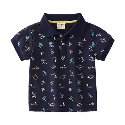 Stijlvolle Trendy Bedrukte Cartoon Print Katoenen Revers Poloshirt met Korte Mouwen en Knoopsluiting voor Kinderen