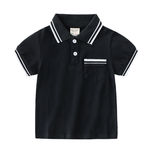 Europese Klassieke Casual Katoenen Effen Kleur Gestreepte Poloshirt met Kraag en Korte Mouwen voor Kinderen