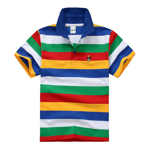 Trendy Casual Gestreepte Katoenen Revers Poloshirt met Korte Mouwen en Knoopsluiting voor Kinderen