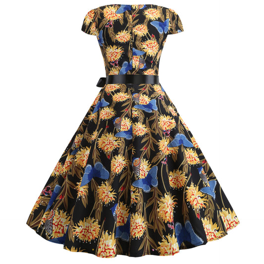 Hepburn Style Tempramentvolle Forens Vintage Swingjurk met Bloemenprint voor Dames & Plus-size