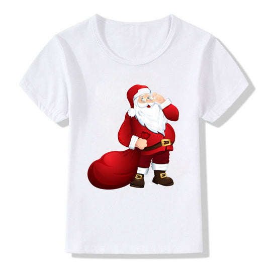Amerikaanse Kerstmis Casual Bedrukte Schattige Cartoon Kerst T-shirt met Ronde Hals en Korte Mouwen voor Kinderen
