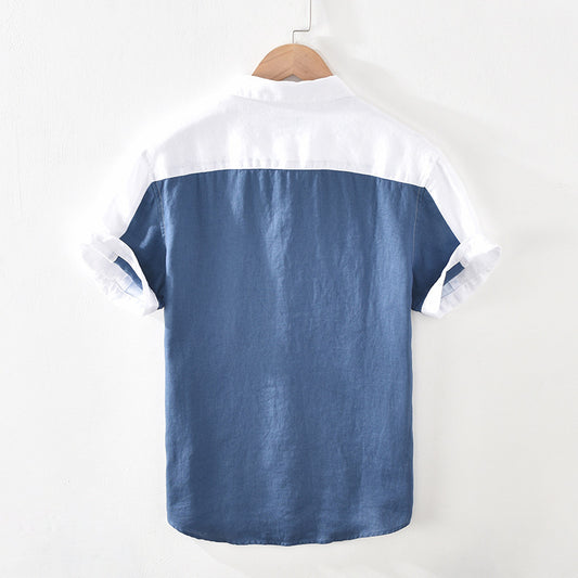 Trendy Casual Oversized Colour-Block Linnen Patchwork Overhemd met Korte Mouwen en Knoopsluiting voor Heren