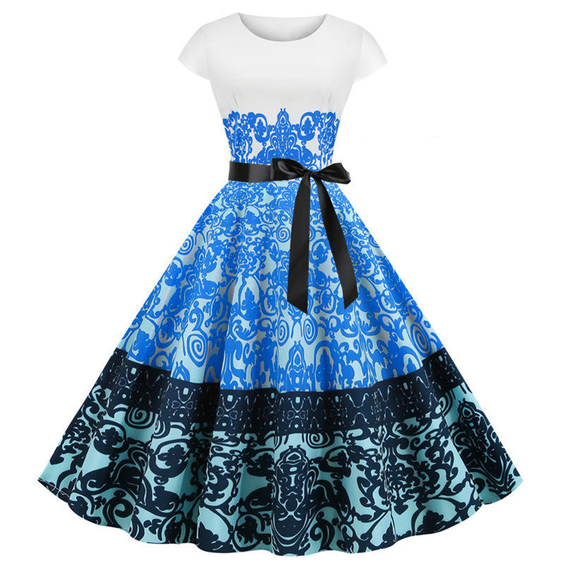 Hepburn Style Retro Bloemenprint Swingjurk met Ronde Hals en Korte Mouwen voor Dames & Plus-size