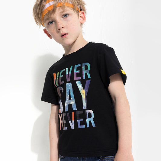 Amerikaanse Trendy Casual Bedrukte Kleurige Letterprint T-shirt met Ronde Hals en Korte Mouwen voor Kinderen