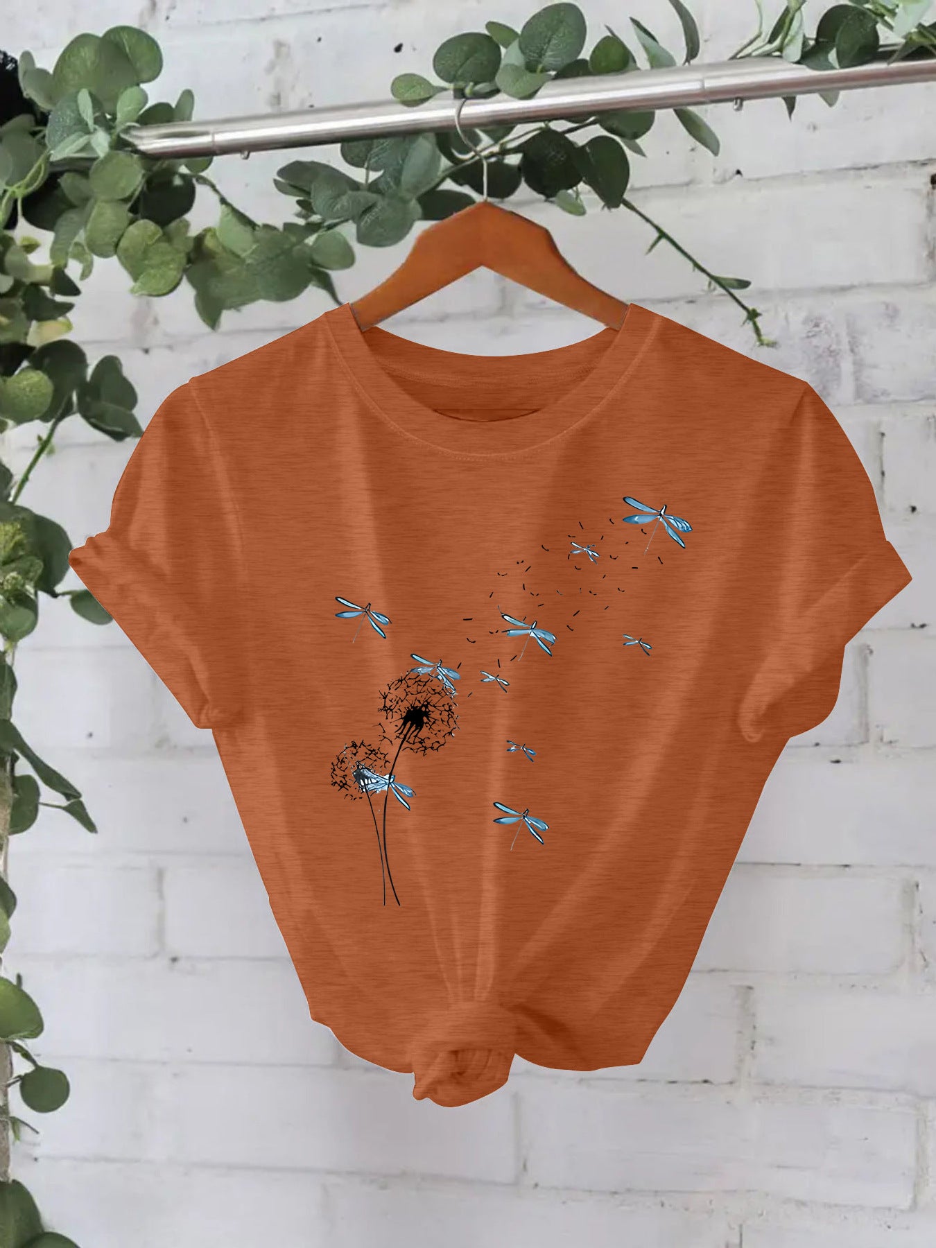 Stijlvolle Basic Streetwear Effen Kleur Casual Ronde Hals T-shirt met Paardenbloemmotief en Korte Mouwen voor Dames & Plus-Size