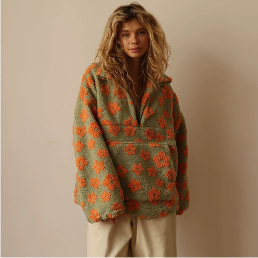 Uniek Ontwerp Trendy Winterse Casual Oversized Fleece Trui met Bloemenpatroon en Ritssluiting Revers voor Dames & Plus-size