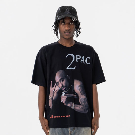 Retro Hiphopstijl Effen Kleur Oversized Casual Ronde T-shirt met Bedrukte Grafische Fotoprint en Korte Mouwen voor Heren