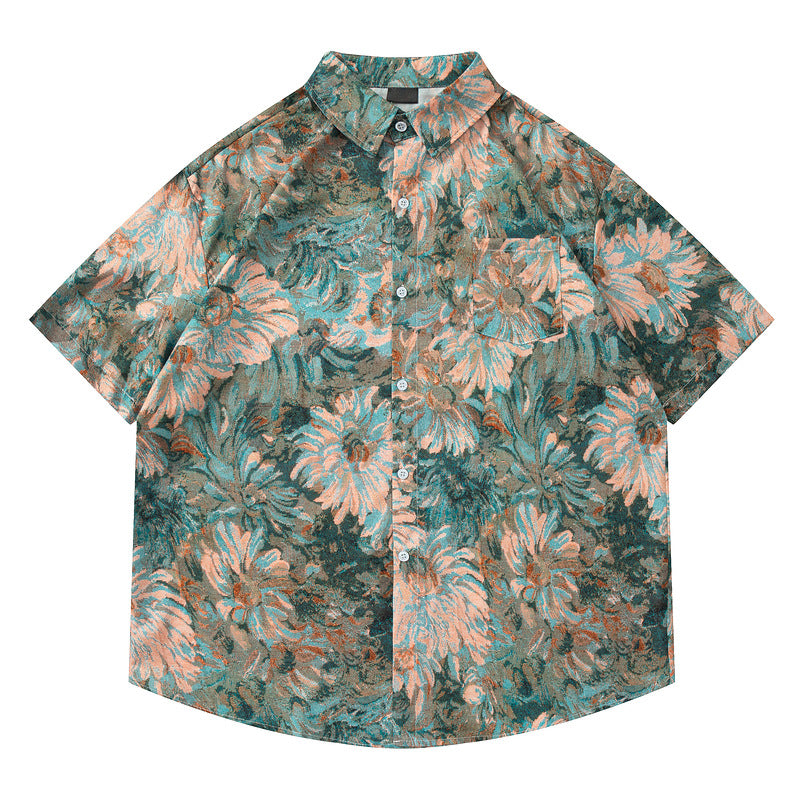 Trendy Klassieke Kleurrijke Oversized Retro Vintage Bloemenprint Overhemd met Opstaande Kraag en Korte Mouwen voor Heren
