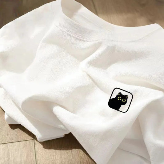 PURE NDY Street Hiphopstijl Eenvoudige Effen Kleur Oversized Casual Ronde Hals T-shirt met Black Cat-print en Korte Mouwen voor Heren & Jongens